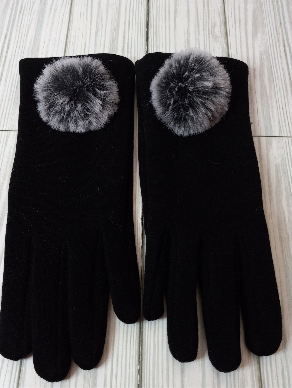 Adrienne Vittadini Touchscreen Black Gloves with Gray Faux Fur Pom Poms